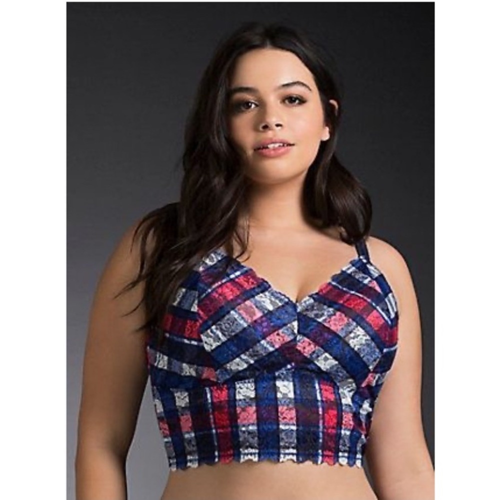 Torrid Plaid Lace Longline Bralette Red Blue White Size 2 NWT 18/20